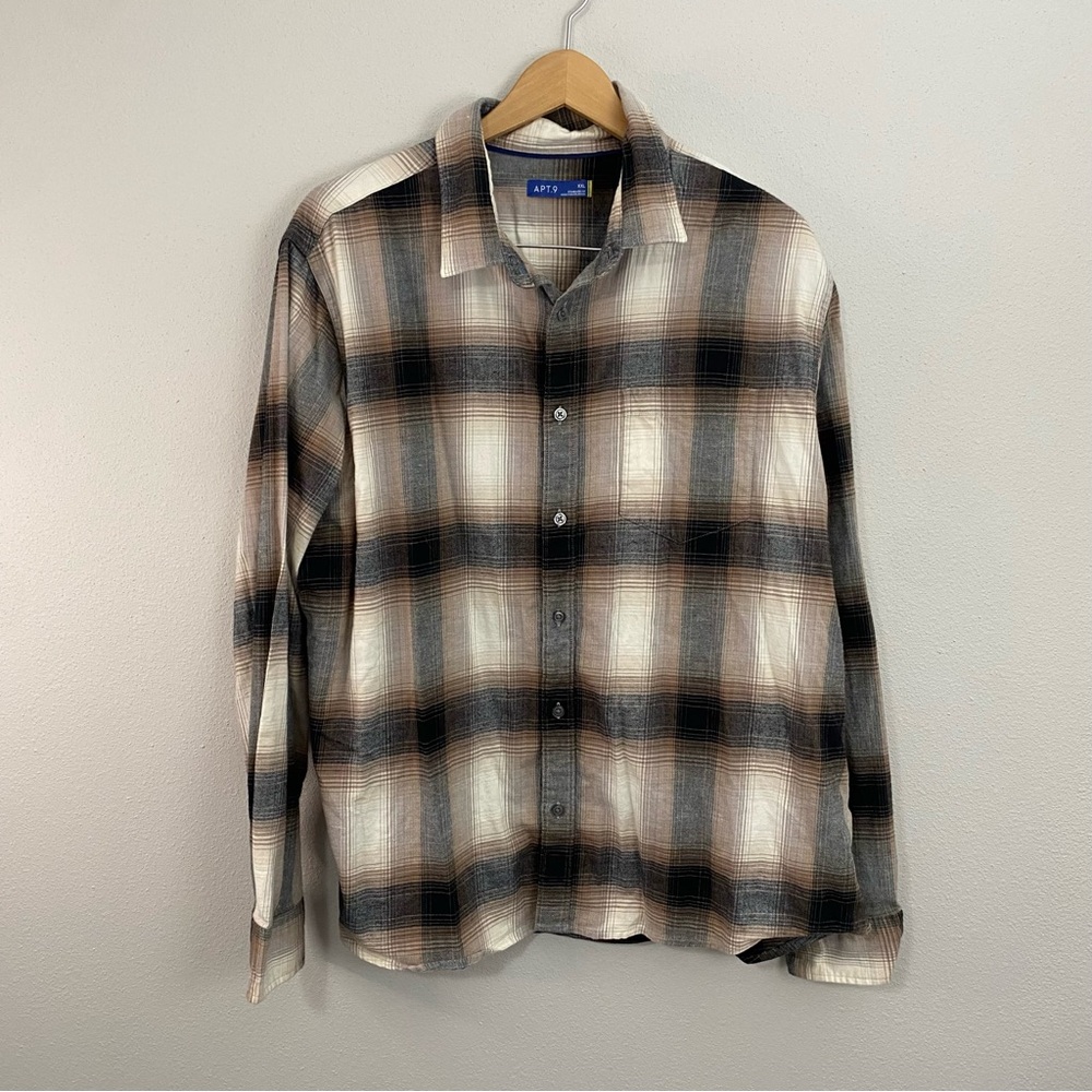 Apt 9 Brown Black Striped Button Down Flannel Casual Mens XXL